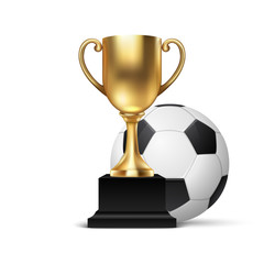 Realistic Vector 3d Blank Golden Champion Cup Icon wirh Soccer Ball Set Closeup Isolated on White. Design Template of Championship Trophy. Sport Tournament Award, Gold Winner Cup and Victory Concept