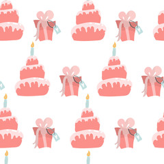 Birthday concept. A gently pink cake and a gift.