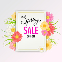 Spring Sale Banner. Hand drawn lettering. Background with chamomile, daisy, leaf and colorful flowers. Vector Design for your greetings card, flyers, web banner , invitation, posters, brochure