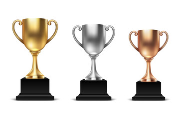 Vector 3d Blank Golden, Silver and Bronze Champion Cup Icon Set Closeup Isolated on White Background. Design Template of Championship Trophy. Sport Tournament Award, Winner Cup and Victory Concept