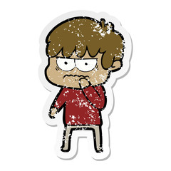 distressed sticker of a annoyed cartoon boy