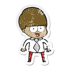 distressed sticker of a happy cartoon boy
