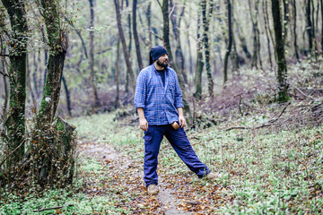 Hiker with backpack is walking in the forest on a sunny day - traveler exploring landscape concept image