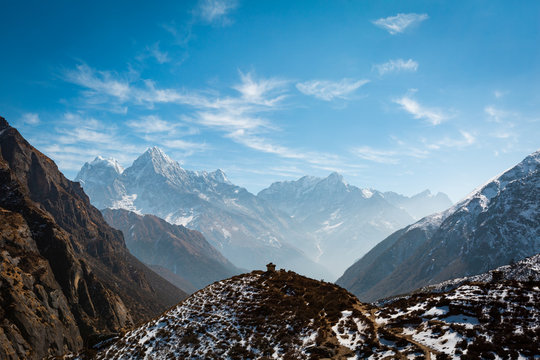 Everest trekking. In the frame of the mountain valley, on the hill stupa. Life after death. Nepal. Renjo La pass