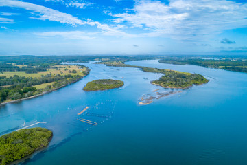 Aerial view of Pelican Bay near Harrington, New South Wales, Australia