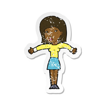 recommend clip art: retro distressed sticker of a cartoon woman shrugging shoulders