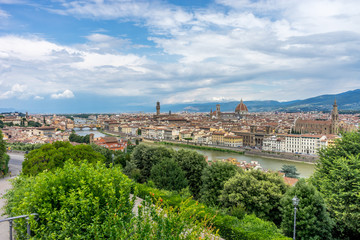 Fototapeta na wymiar Panaromic view of Florence with Palazzo Vecchio, Ponte Vecchio and Duomo and basilica Croce viewed from Piazzale Michelangelo (Michelangelo Square)