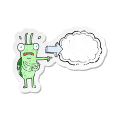 retro distressed sticker of a cartoon bug pointing