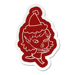 pretty cartoon  sticker of a elf girl wearing santa hat