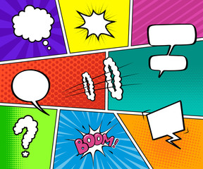 Colorful comic book background. Blank white speech bubbles of different shapes. Rays, radial, halftone, dotted effects. Vector illustration in pop art style