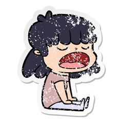 distressed sticker of a cartoon woman talking loudly