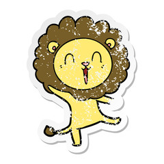 distressed sticker of a laughing lion cartoon