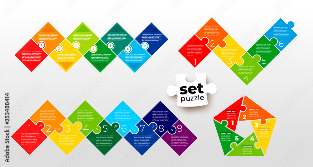 Wall mural set of pieces puzzle square diagram. square business presentation infographic. 5, 6, 7, 9 steps part