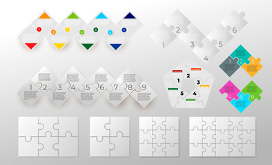 Set of pieces puzzle square diagram. Square business presentation infographic. 5, 6, 7, 9 steps parts pieces of process diagram. Jigsaw puzzle info graphic. Section compared banner. Marketing strategy