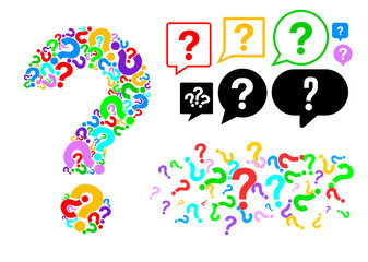 Set of Question marks scattered. Quiz, doubt, poll, survey, faq, interrogation, query background. Colored template for opinion poll, public poll. Rainbow color. Vector illustration.