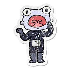 distressed sticker of a cartoon weird alien communicating