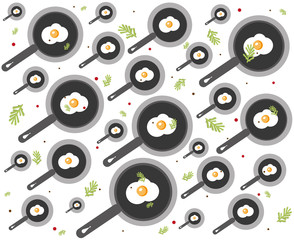 Food pattern with spices, Fried egg in a frying pan on white background. Ornament for textile and wrapping. Vector Illustration