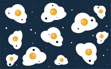 Broken eggs pattern on blue background. Breakfast. Vector Illustration