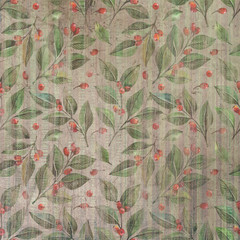 Seamless pattern with watercolor green leaves and red berries of barberry, hand-drawn image. The background is perfect for fabric, paper and background for websites etc.