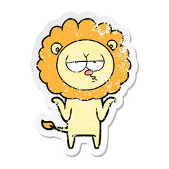 distressed sticker of a cartoon bored lion