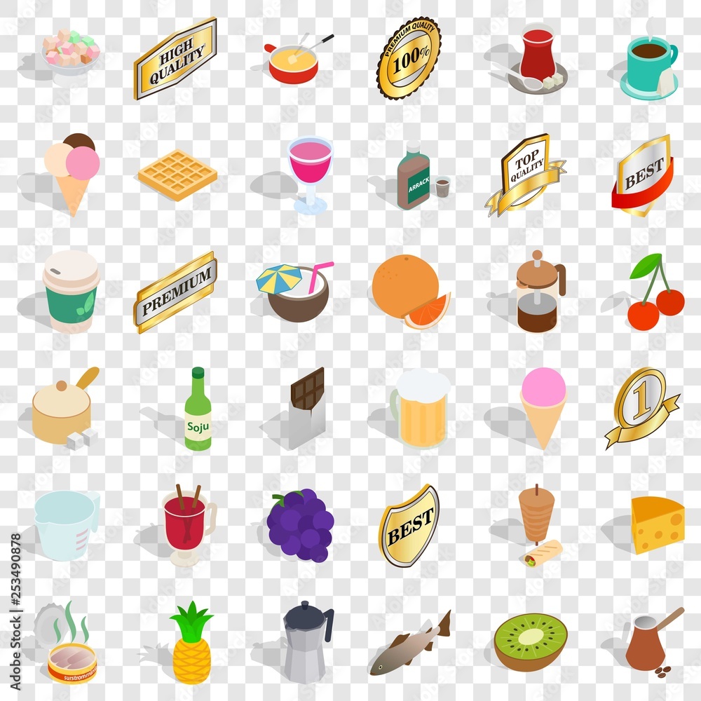 Poster different beverage icons set. isometric style of 36 different beverage vector icons for web for any 