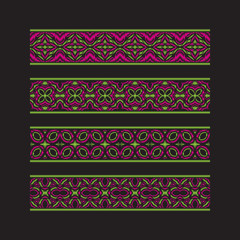 Set of colored ribbon patterns. Green pink traditional ornaments for embroidery or frame design. Vector patterned brushes templates.