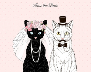 Black cat bride in wedding veil and floral diadem and white cat groom in bow tie monocle and tall hat. Vector hand drawn animal illustration for save the date wedding party design.