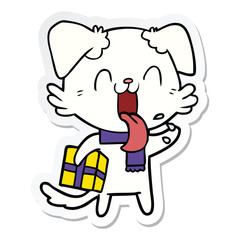 sticker of a cartoon panting dog with present