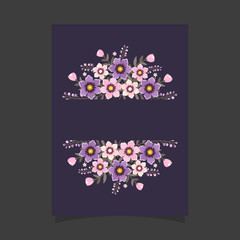 Common size of floral greeting card and invitation template for wedding or birthday anniversary, Vector shape of text box label and frame, Purple flowers wreath ivy style with branch and leaves.