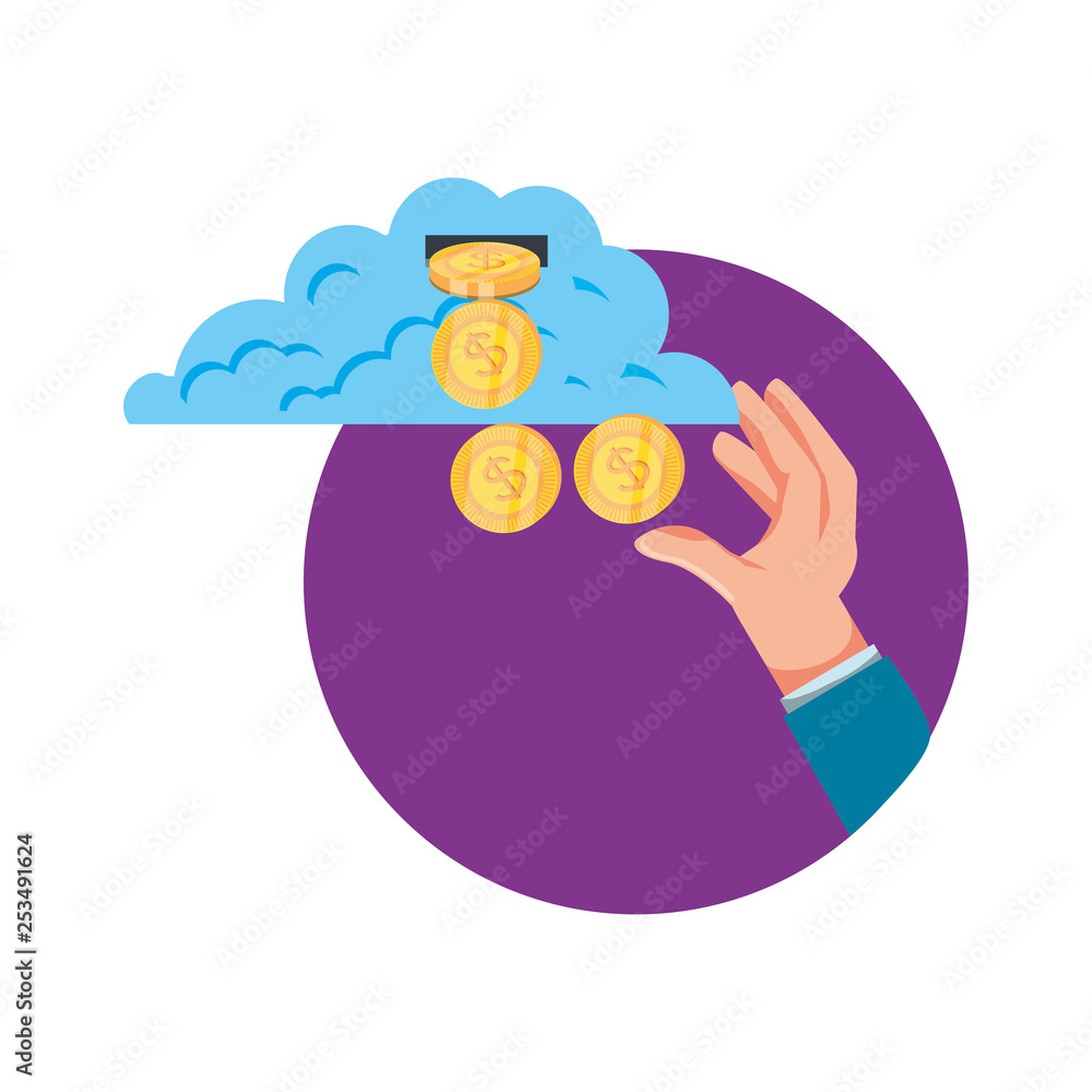 Poster hand with cloud computing and coins