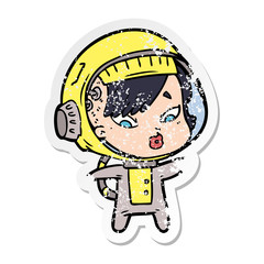 distressed sticker of a cartoon astronaut woman