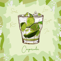 Caipirinha cocktail illustration. Alcoholic classic bar drink hand drawn vector. Pop art