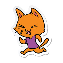 sticker of a cartoon running cat hissing