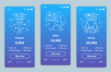 Subscription prices onboarding mobile app screens vector templates