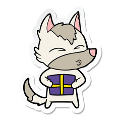sticker of a cartoon christmas wolf whistling