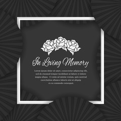 In loving memory text in white frame and abstract black fan layer background for the funeral Mourning vector design