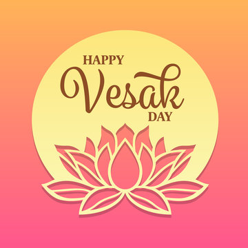 Happy vesak day text on circle full moon and lotus sign banner vector design