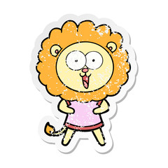 distressed sticker of a happy cartoon lion