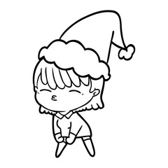 line drawing of a woman wearing santa hat