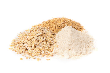 Oats, rolled oats and flour isolated on white background.