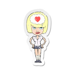 retro distressed sticker of a cartoon woman thining about love