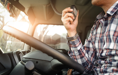 Truck Driver Making Talking Through Radio,Communication on the Highway,Concept transport on...