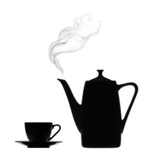 Silhouette of coffee pot with steam and cup on a white background
