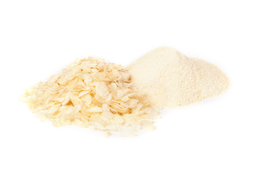 Rice flour and flakes isolated on white background.