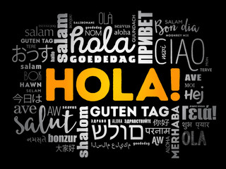 Hola (Hello Greeting in Spanish) word cloud in different languages of the world © dizain