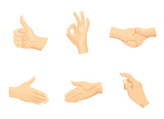 Set of vector human hands in simple,  flat style isolated on white background. Hands in different situations. Design elements for infographic, web, internet, presentation.
