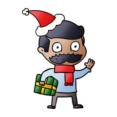 gradient cartoon of a man with mustache and christmas present wearing santa hat