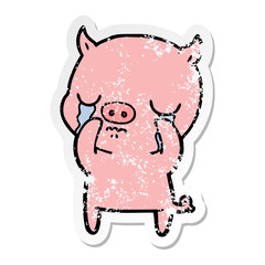 distressed sticker of a cartoon pig crying