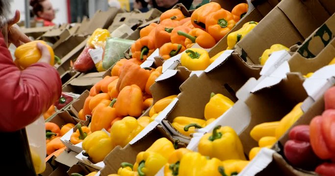 Woman selection Bell Pepper Placed on Shelves at Conventional Market