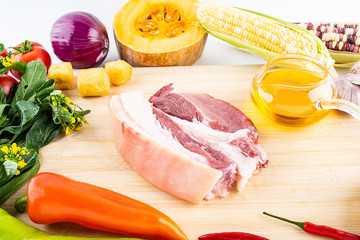 Fresh vegetables melon and pork / nutrition concept background material